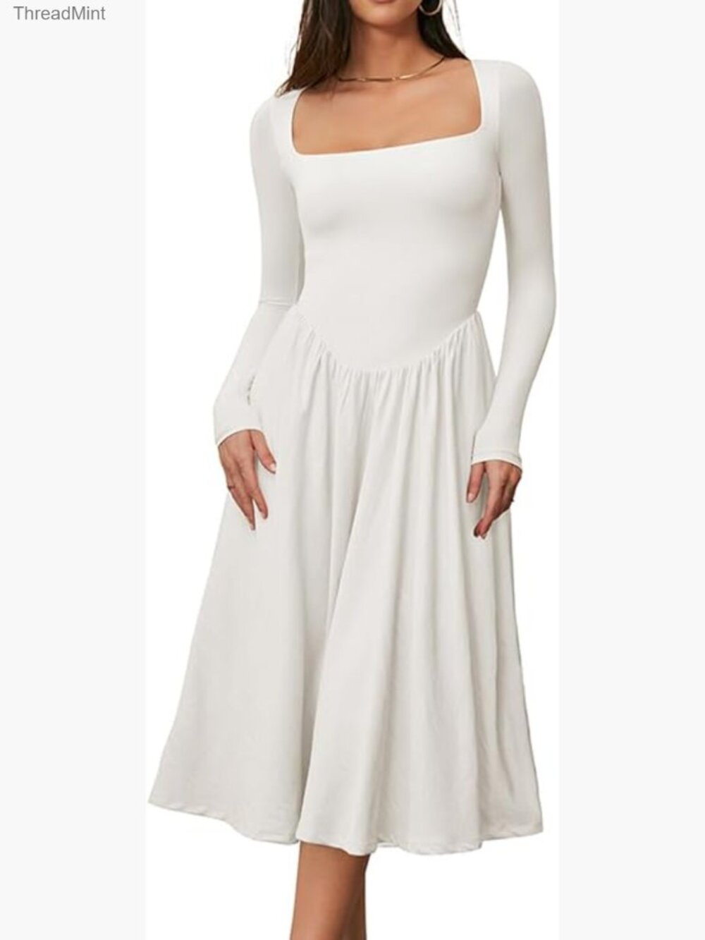 Long Sleeve Square Neck A-Line Midi Dress Casual Spring Fashion